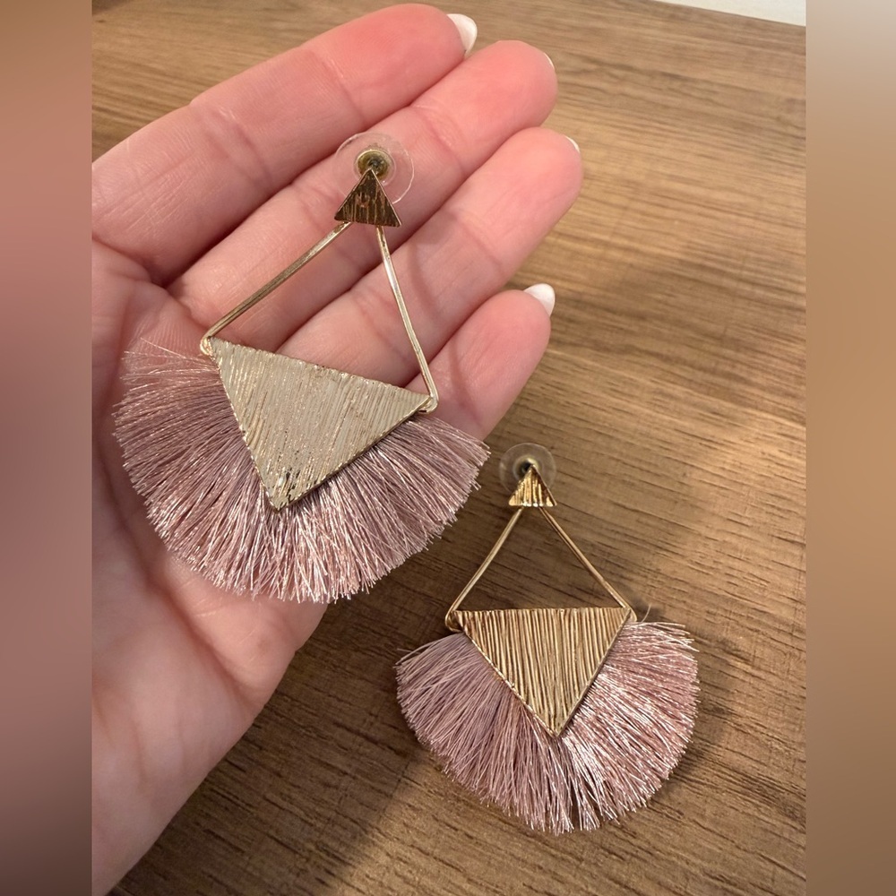 Gold & Blush Pink Geometric Tassel Statement Earrings - Picture 3 of 3